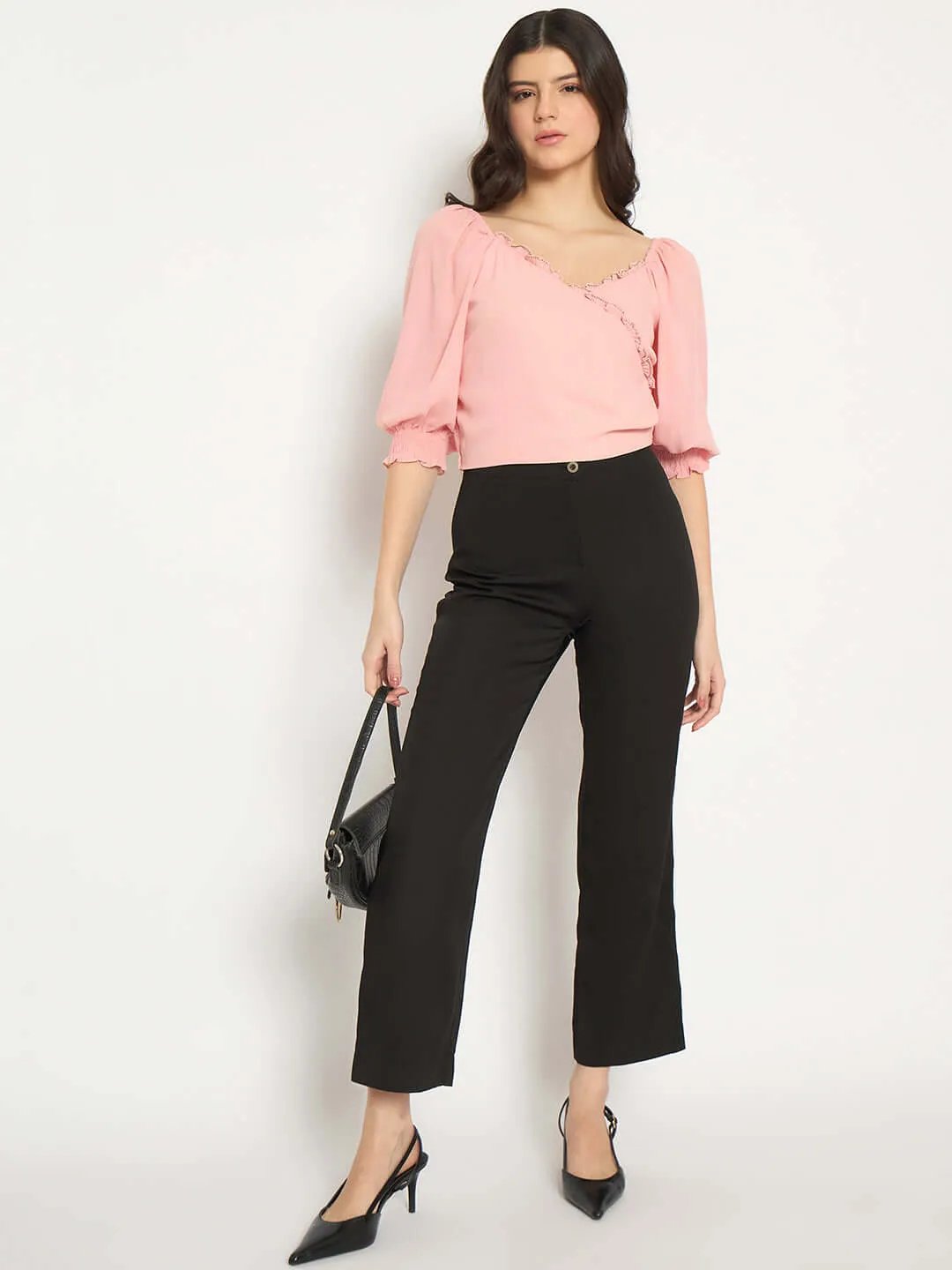 Madame Surplice Neck Peach Wrap Crop Top