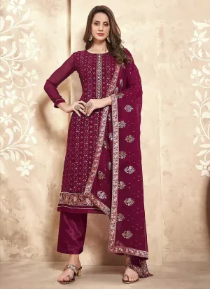 Magenta Straight Cut Embroidered Pant Style Suit