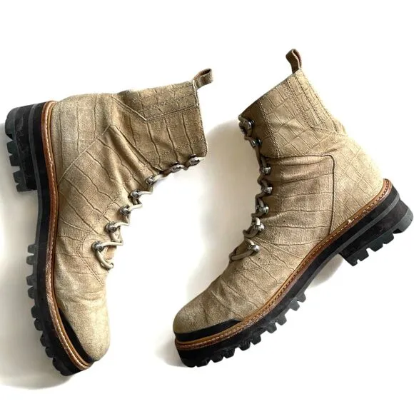 Marc Fisher Lizzie 2 Lace-up Snake Embossed Suede Combat Boots Womens 9M Grunge