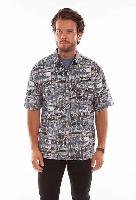 Men's Farthest Point Collection Shirt: Short Sleeve Batik Hawaiian Midnight Sky