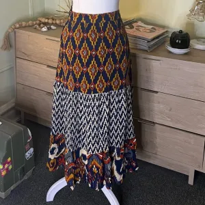 Navy Mixed Tribal &amp; Chevron Print Midi Maxi Flowy Boho Relaxed Fit Skirt Sz XL