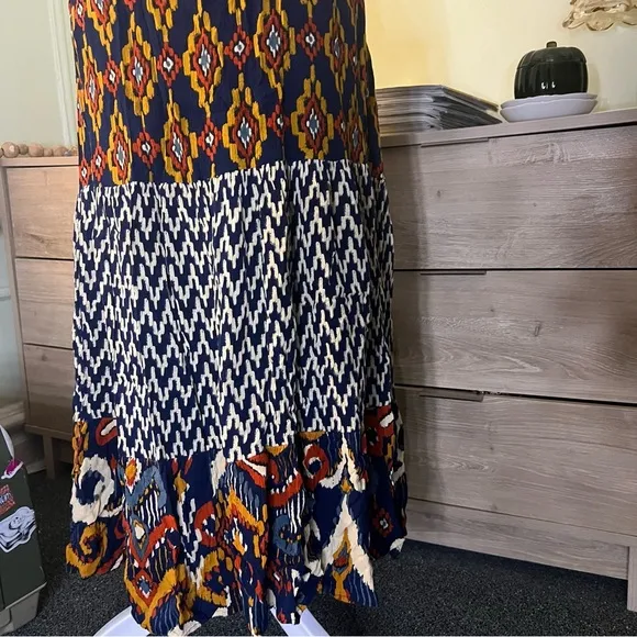 Navy Mixed Tribal &amp; Chevron Print Midi Maxi Flowy Boho Relaxed Fit Skirt Sz XL