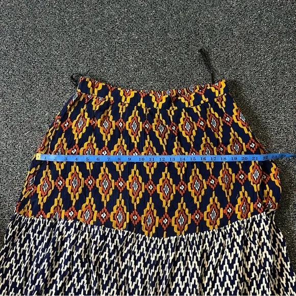 Navy Mixed Tribal &amp; Chevron Print Midi Maxi Flowy Boho Relaxed Fit Skirt Sz XL