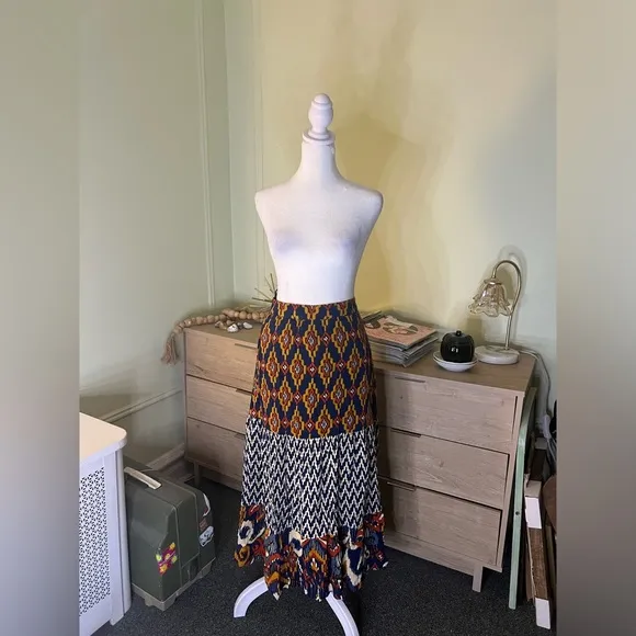 Navy Mixed Tribal &amp; Chevron Print Midi Maxi Flowy Boho Relaxed Fit Skirt Sz XL
