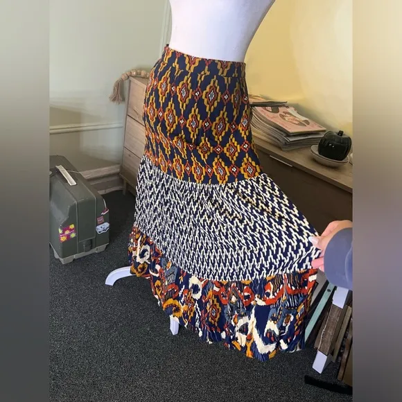 Navy Mixed Tribal &amp; Chevron Print Midi Maxi Flowy Boho Relaxed Fit Skirt Sz XL