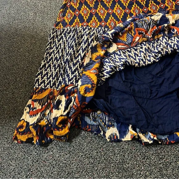 Navy Mixed Tribal &amp; Chevron Print Midi Maxi Flowy Boho Relaxed Fit Skirt Sz XL