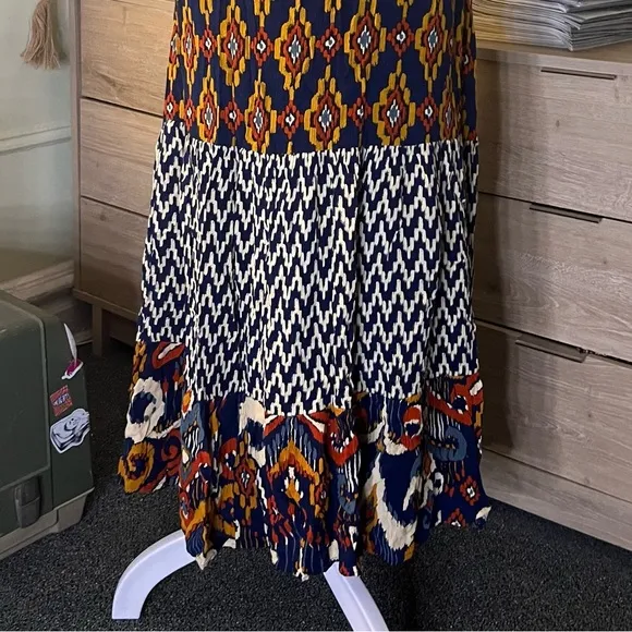 Navy Mixed Tribal &amp; Chevron Print Midi Maxi Flowy Boho Relaxed Fit Skirt Sz XL