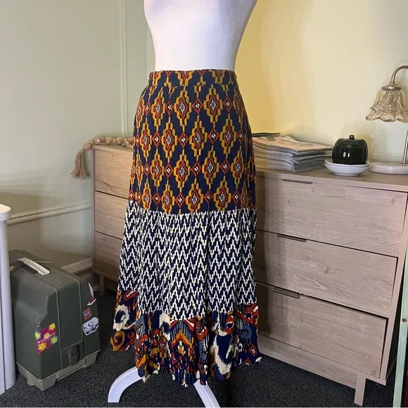 Navy Mixed Tribal &amp; Chevron Print Midi Maxi Flowy Boho Relaxed Fit Skirt Sz XL