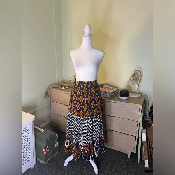 Navy Mixed Tribal &amp; Chevron Print Midi Maxi Flowy Boho Relaxed Fit Skirt Sz XL