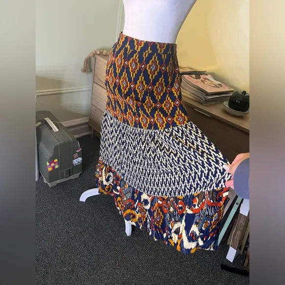 Navy Mixed Tribal &amp; Chevron Print Midi Maxi Flowy Boho Relaxed Fit Skirt Sz XL