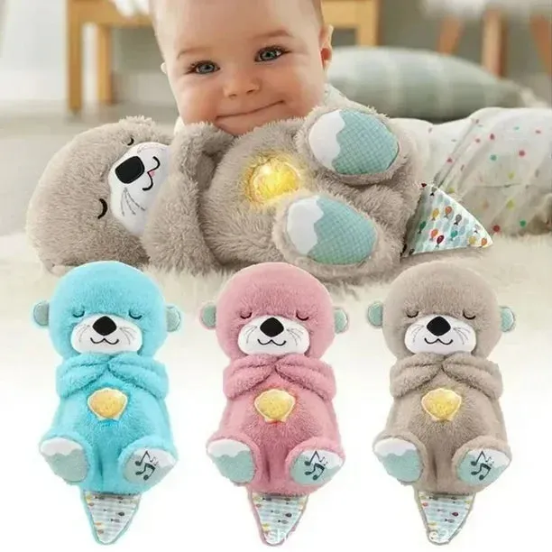New Baby Breath Baby Bear Soothes Otter Plush Toy Doll Toy Child Soothing Music Sleep Companion Sound And Light Doll Toy Gifts, BLUE