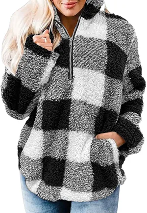 New Women's Plaid Ultra Plush Zip Sweatshirt Long Sleeve Pockets Pullover! Sz S!