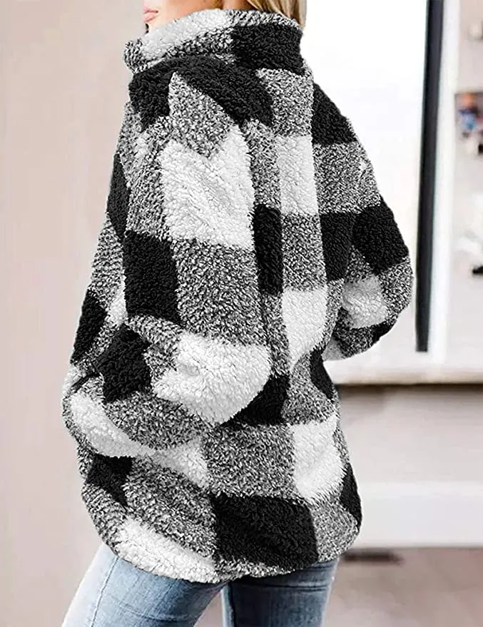 New Women's Plaid Ultra Plush Zip Sweatshirt Long Sleeve Pockets Pullover! Sz S!