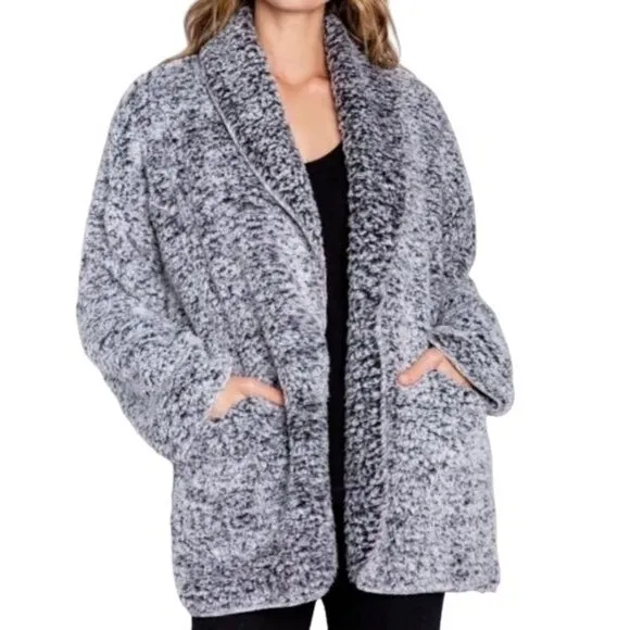 PJ Salvage Cozy Shearling Cardigan Choose Happiness RECOCA Black
