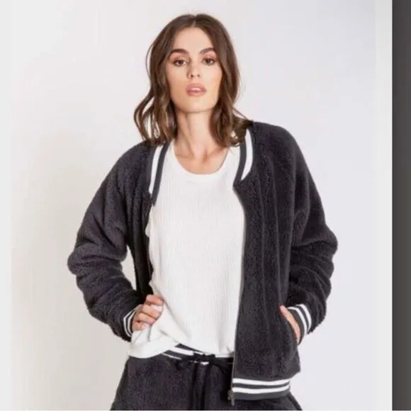 PJ SALVAGE WOMENS BOMBER BABE BLACK PLUSH ZIP FRONT JACKET