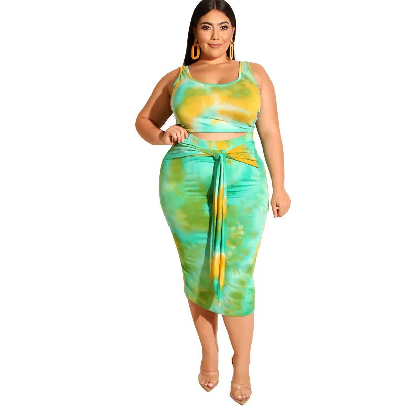 Plus Size Tie Dye Tank Top & Skirt Set - Sleeveless & Front Tie Midi Skirt in Polyester