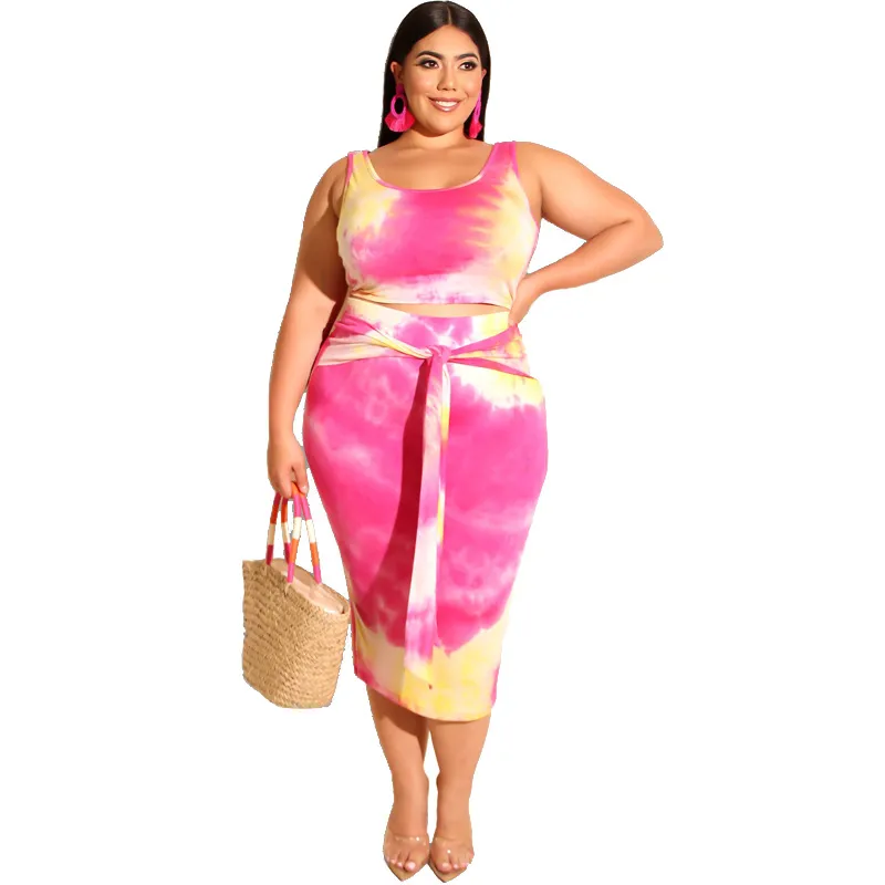 Plus Size Tie Dye Tank Top & Skirt Set - Sleeveless & Front Tie Midi Skirt in Polyester