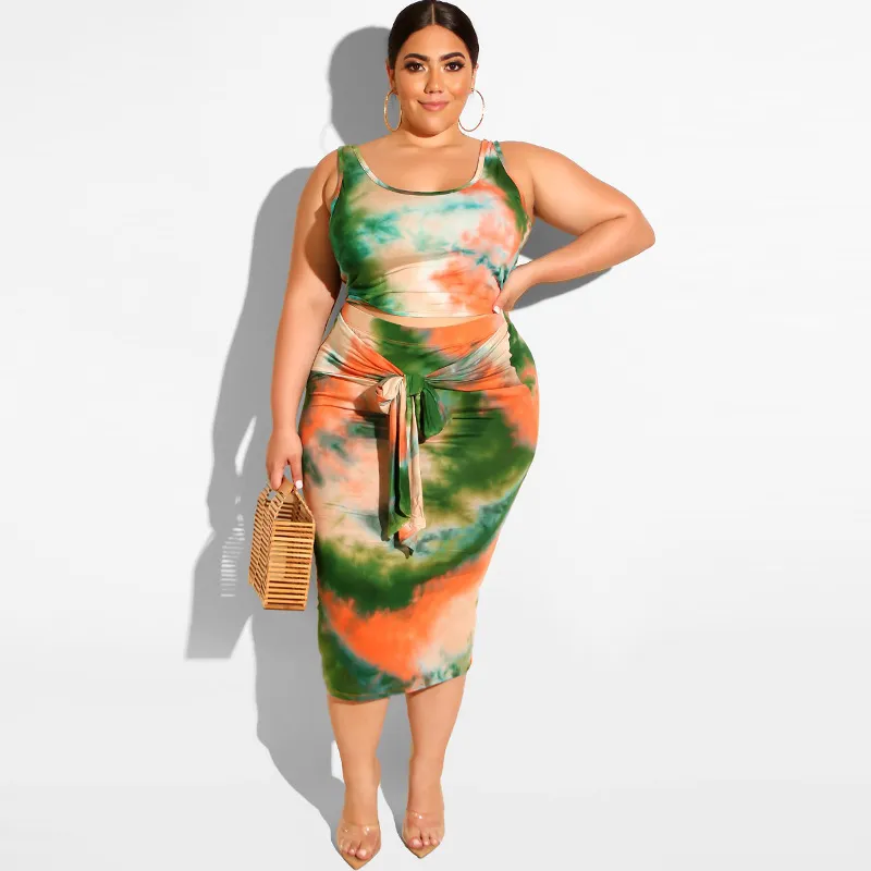 Plus Size Tie Dye Tank Top & Skirt Set - Sleeveless & Front Tie Midi Skirt in Polyester