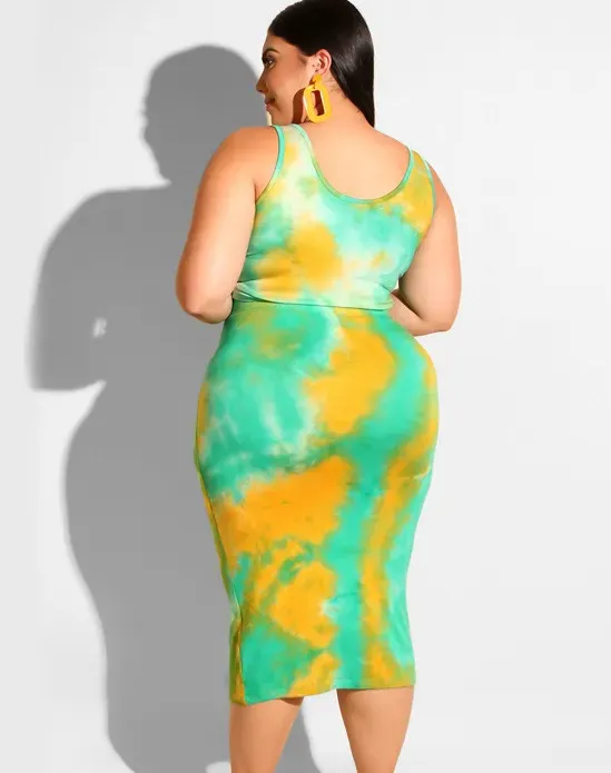 Plus Size Tie Dye Tank Top & Skirt Set - Sleeveless & Front Tie Midi Skirt in Polyester
