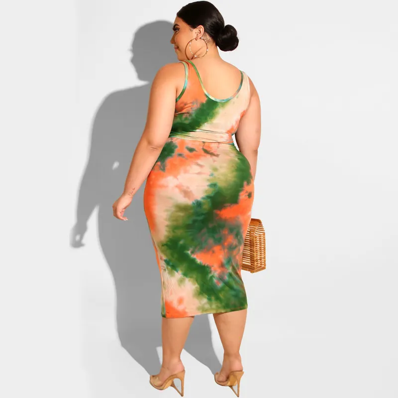 Plus Size Tie Dye Tank Top & Skirt Set - Sleeveless & Front Tie Midi Skirt in Polyester