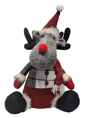 Plush Grey/ Red/Black/White Sitting Moose with Red/Black Santa Hat or with Red/White Winter Hat