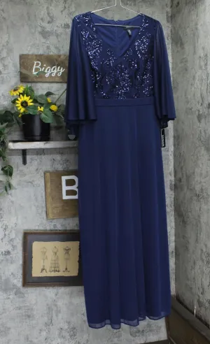 R&m Richards Embroidered Sequin Bodice Gown Dress with Cape Sleeves Navy Blue 12