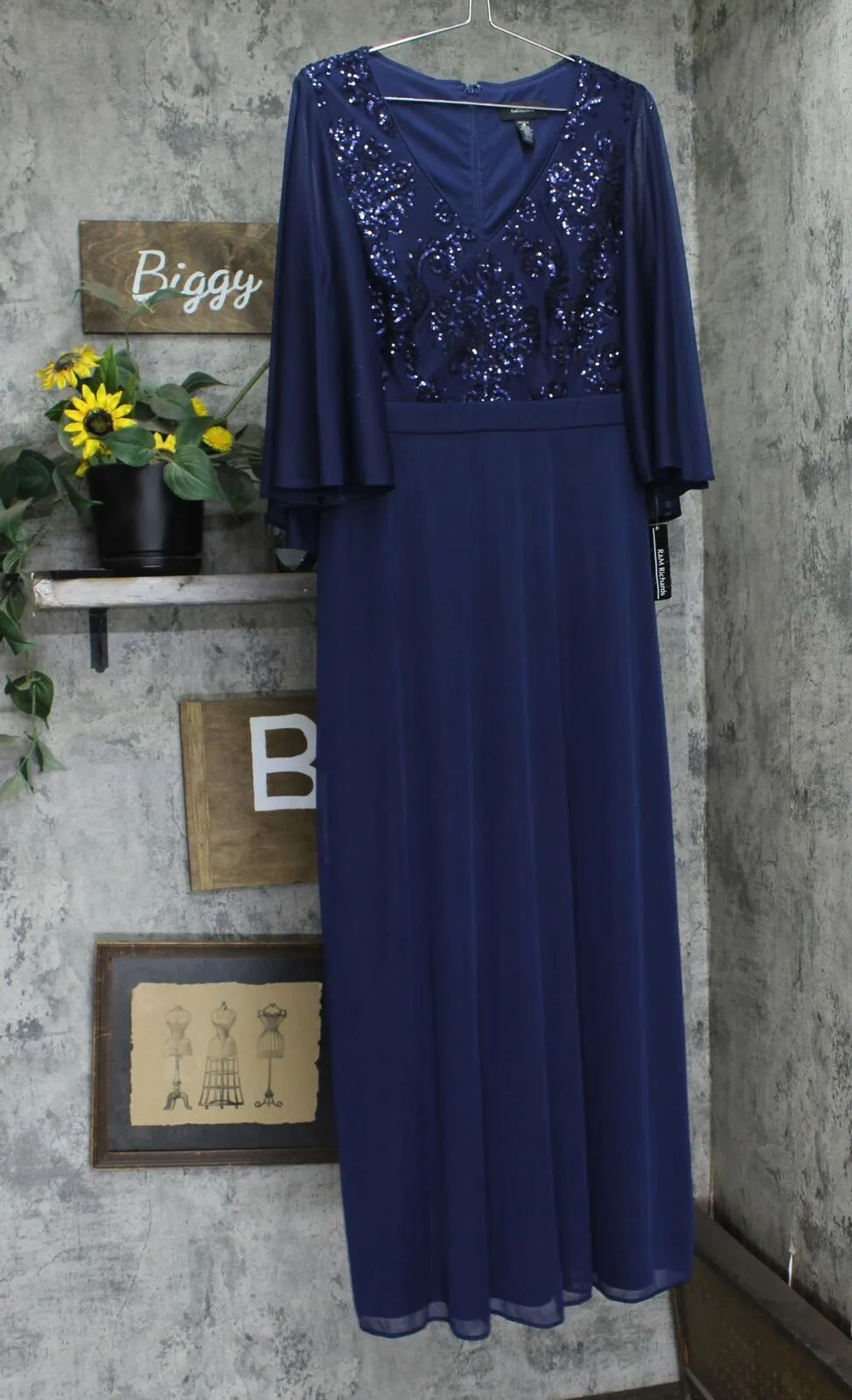 R&m Richards Embroidered Sequin Bodice Gown Dress with Cape Sleeves Navy Blue 12