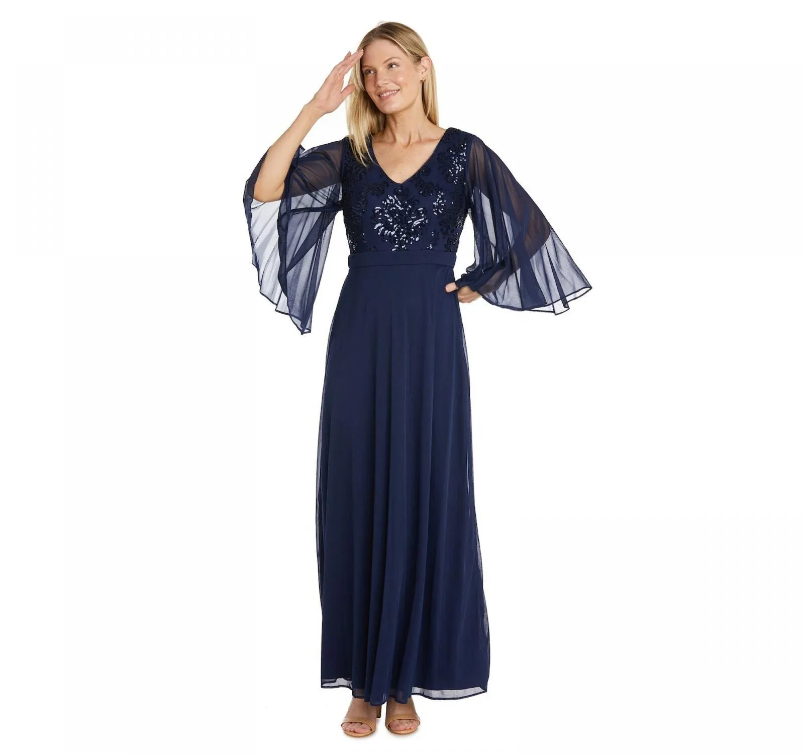 R&m Richards Embroidered Sequin Bodice Gown Dress with Cape Sleeves Navy Blue 12