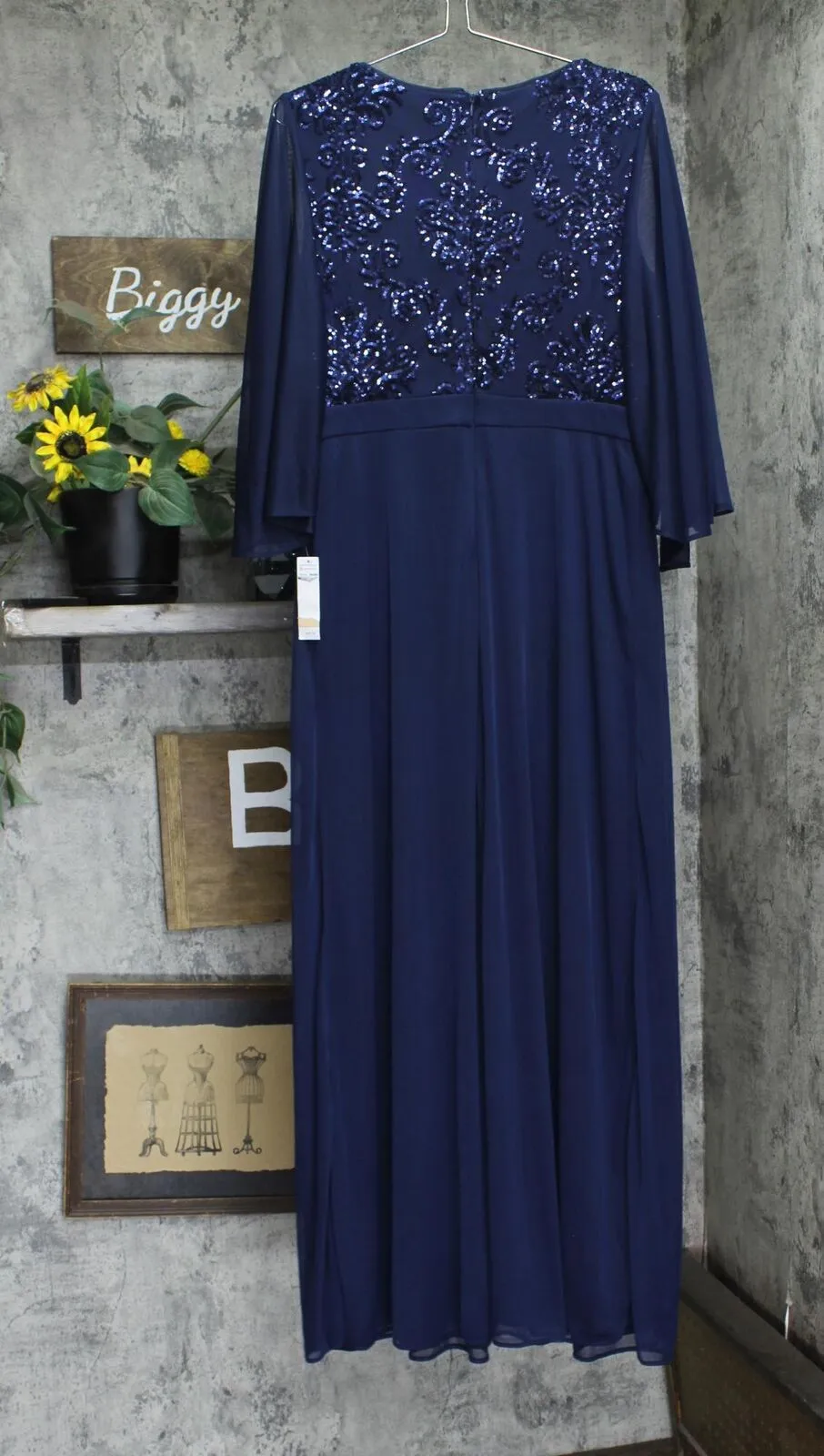 R&m Richards Embroidered Sequin Bodice Gown Dress with Cape Sleeves Navy Blue 12