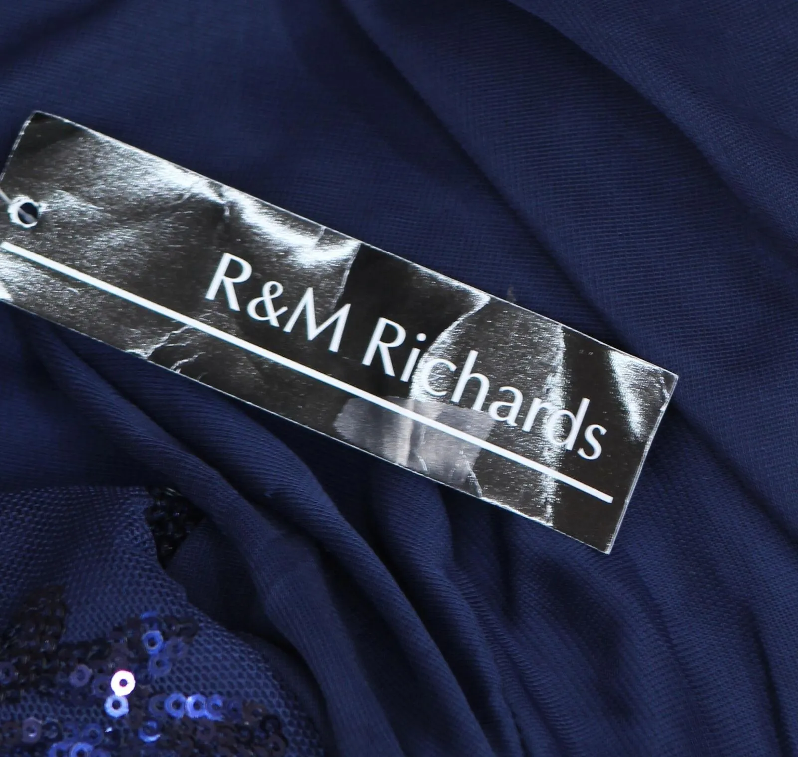 R&m Richards Embroidered Sequin Bodice Gown Dress with Cape Sleeves Navy Blue 12