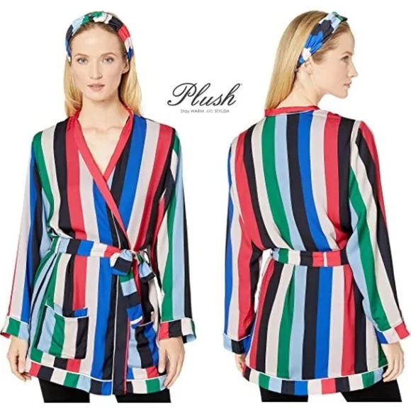 REVOLVE x PLUSH Soft &amp; Silky Stripe Belted Robe   Headband 2 pc Set S NWT