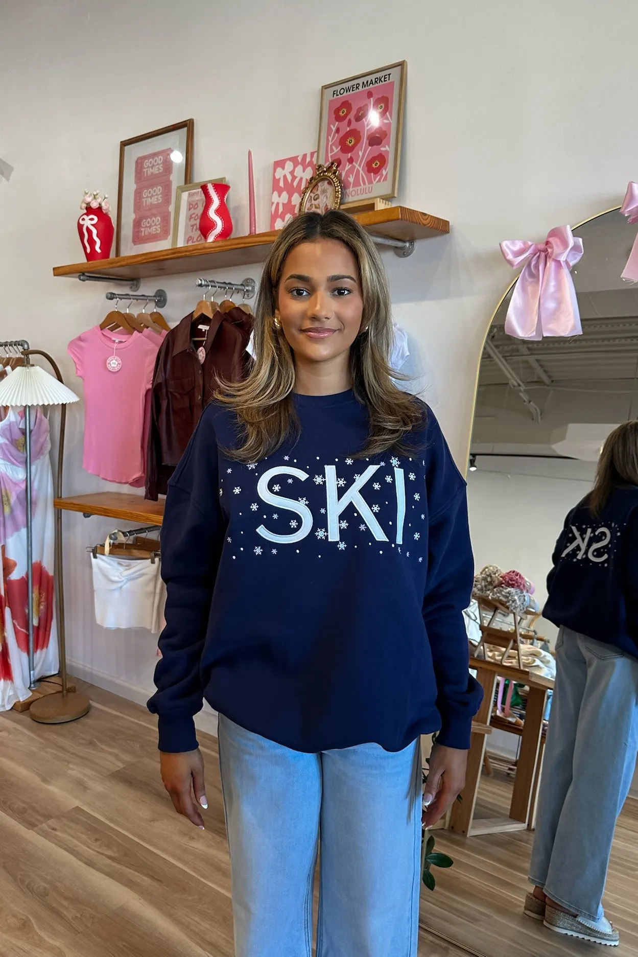 Snowflake Ski Sweatshirt in Navy Blue