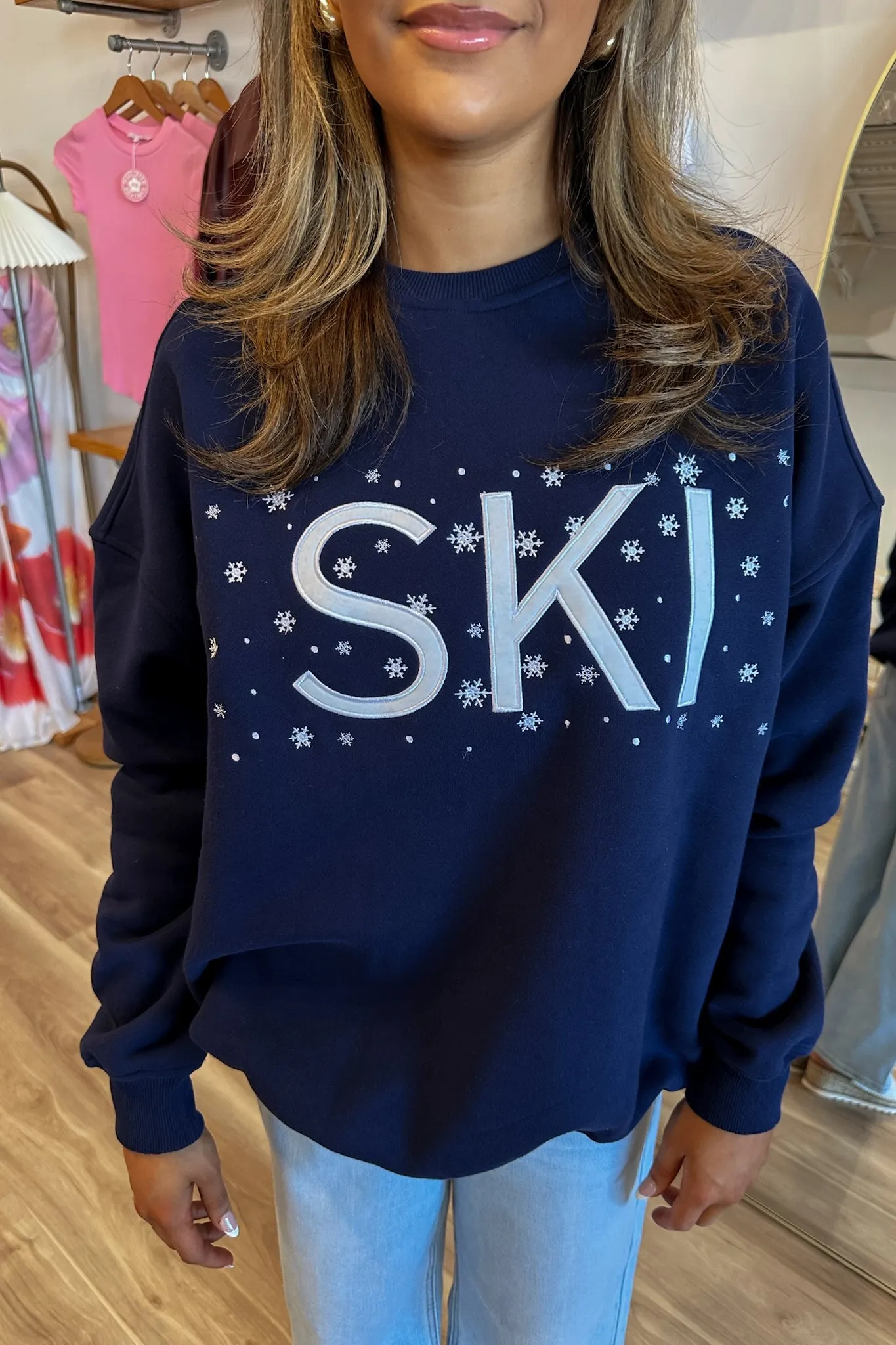 Snowflake Ski Sweatshirt in Navy Blue