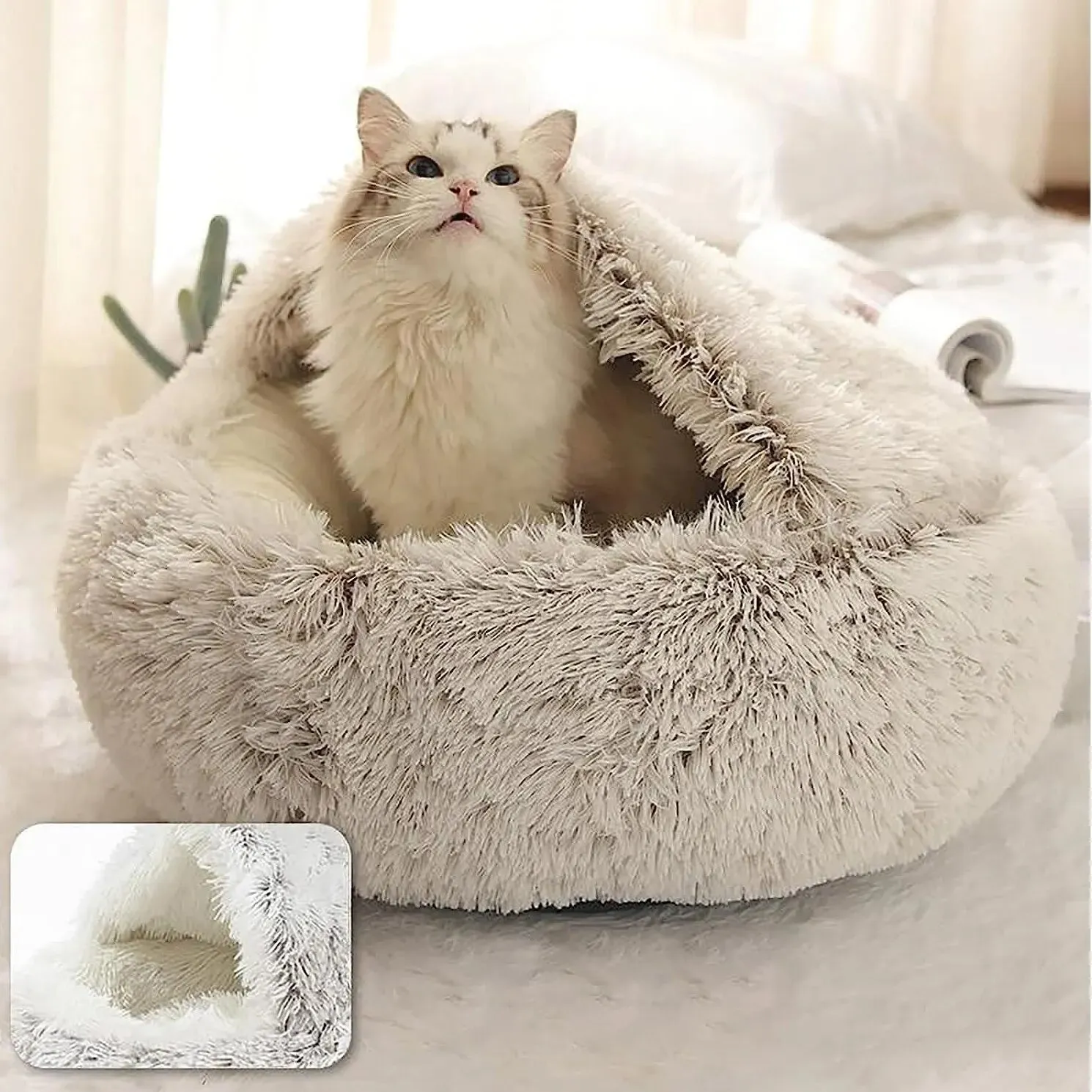 Soft Plush Warm Pet Bed with Sleeping Cave