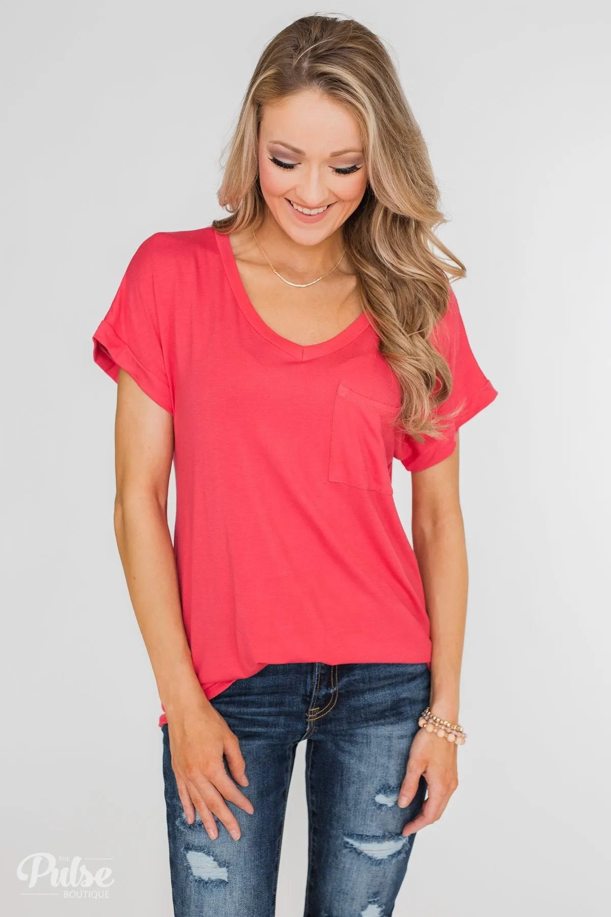 Solid V-Neck Pocket Top- Strawberry Pink