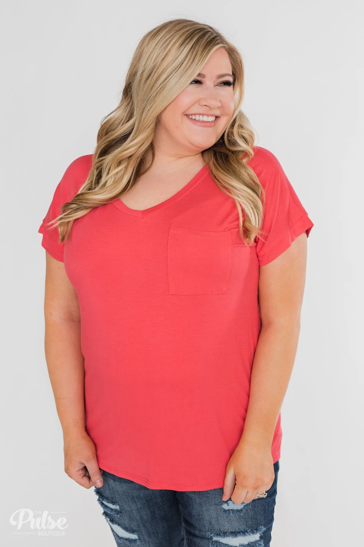 Solid V-Neck Pocket Top- Strawberry Pink