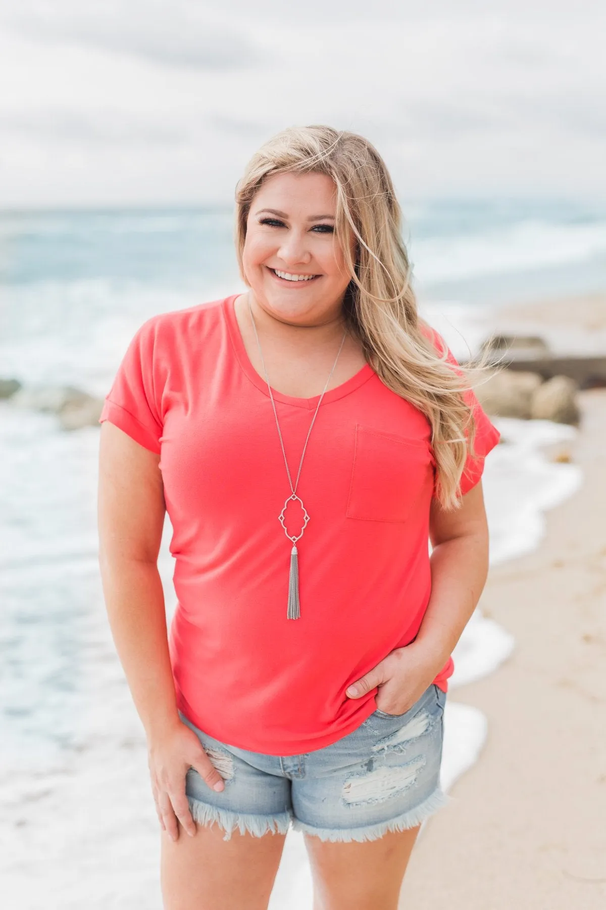 Solid V-Neck Pocket Top- Strawberry Pink
