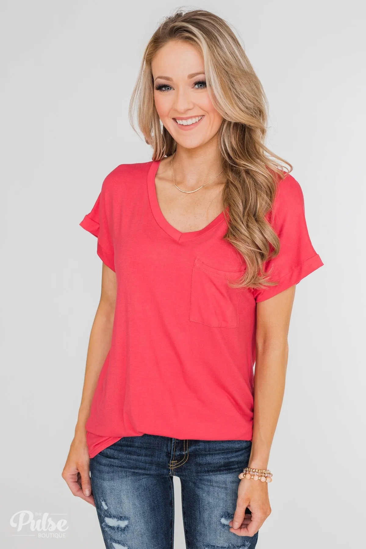 Solid V-Neck Pocket Top- Strawberry Pink