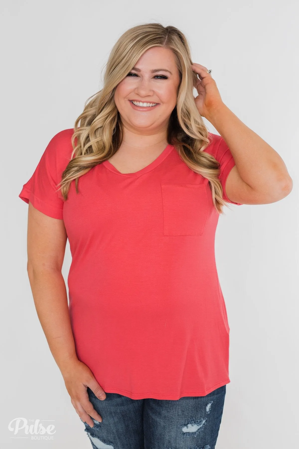 Solid V-Neck Pocket Top- Strawberry Pink