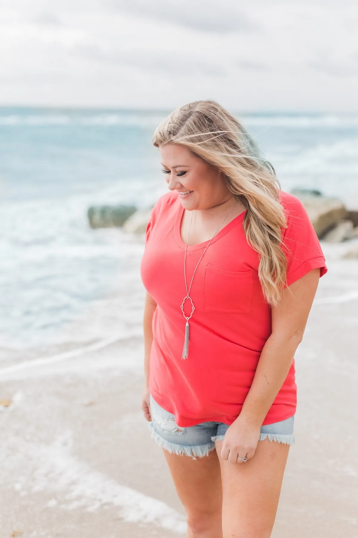 Solid V-Neck Pocket Top- Strawberry Pink