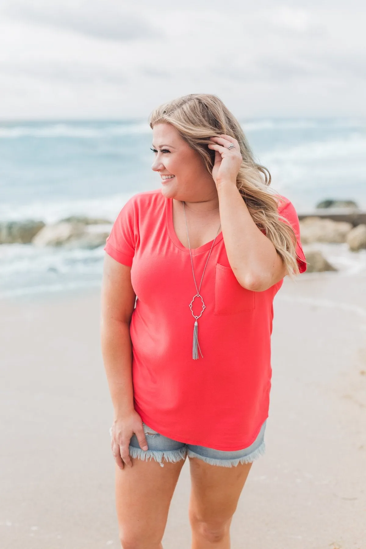 Solid V-Neck Pocket Top- Strawberry Pink