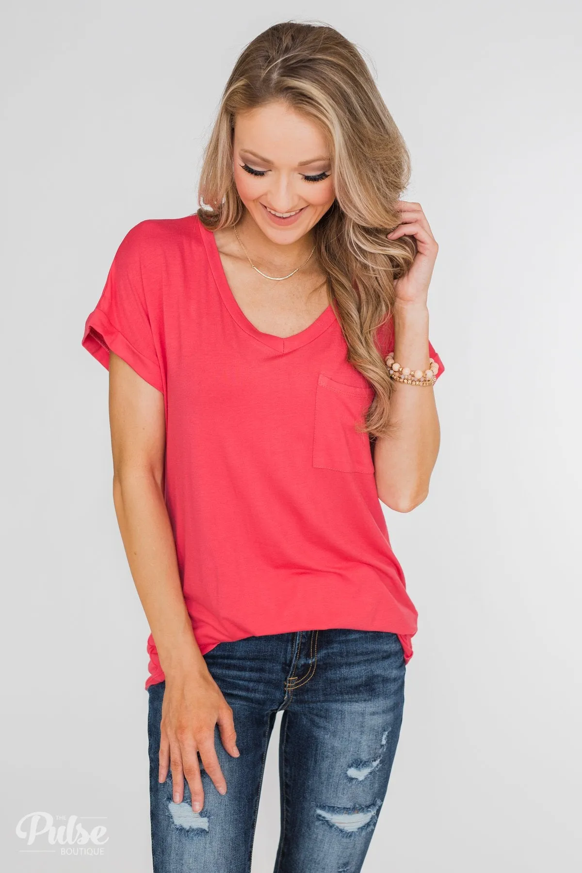 Solid V-Neck Pocket Top- Strawberry Pink