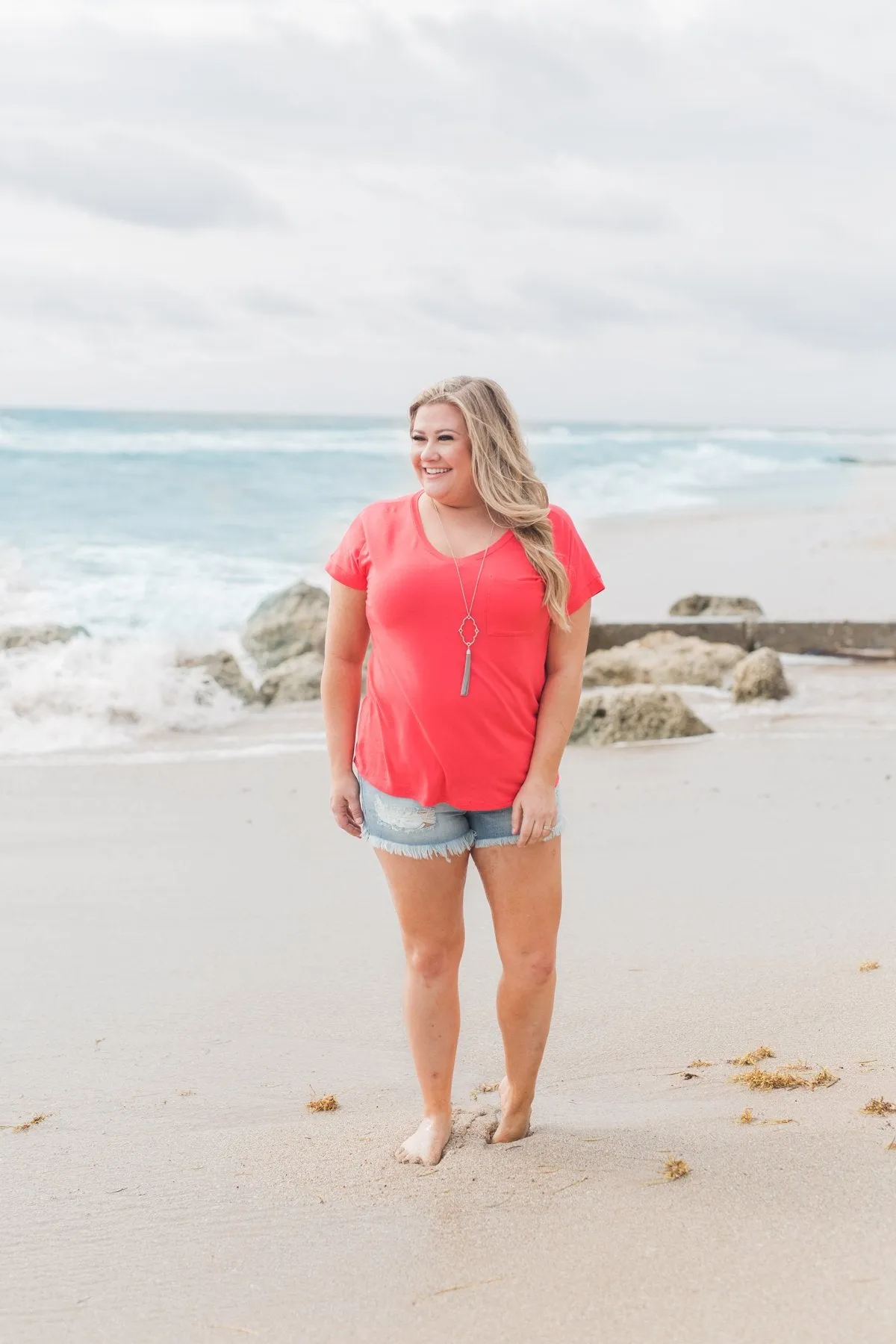 Solid V-Neck Pocket Top- Strawberry Pink