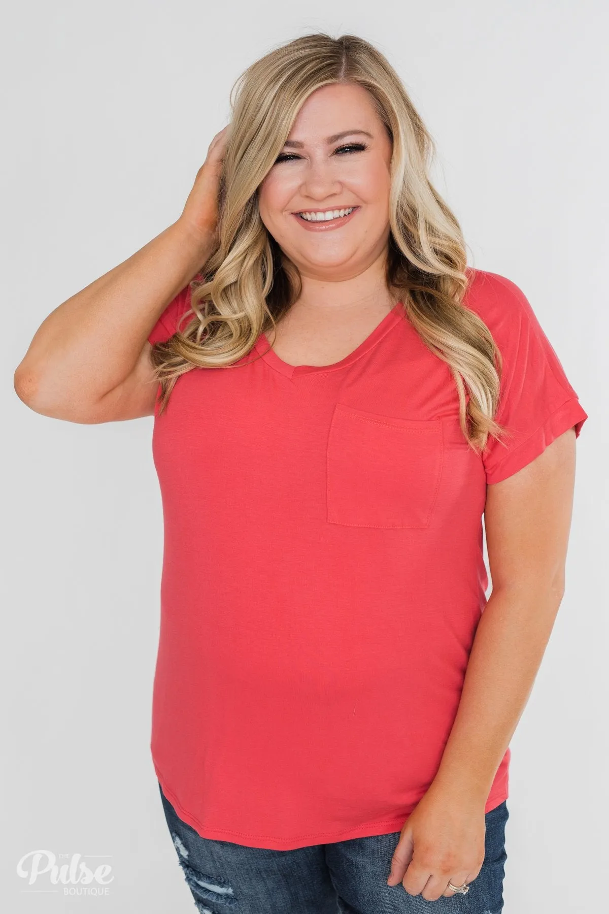 Solid V-Neck Pocket Top- Strawberry Pink