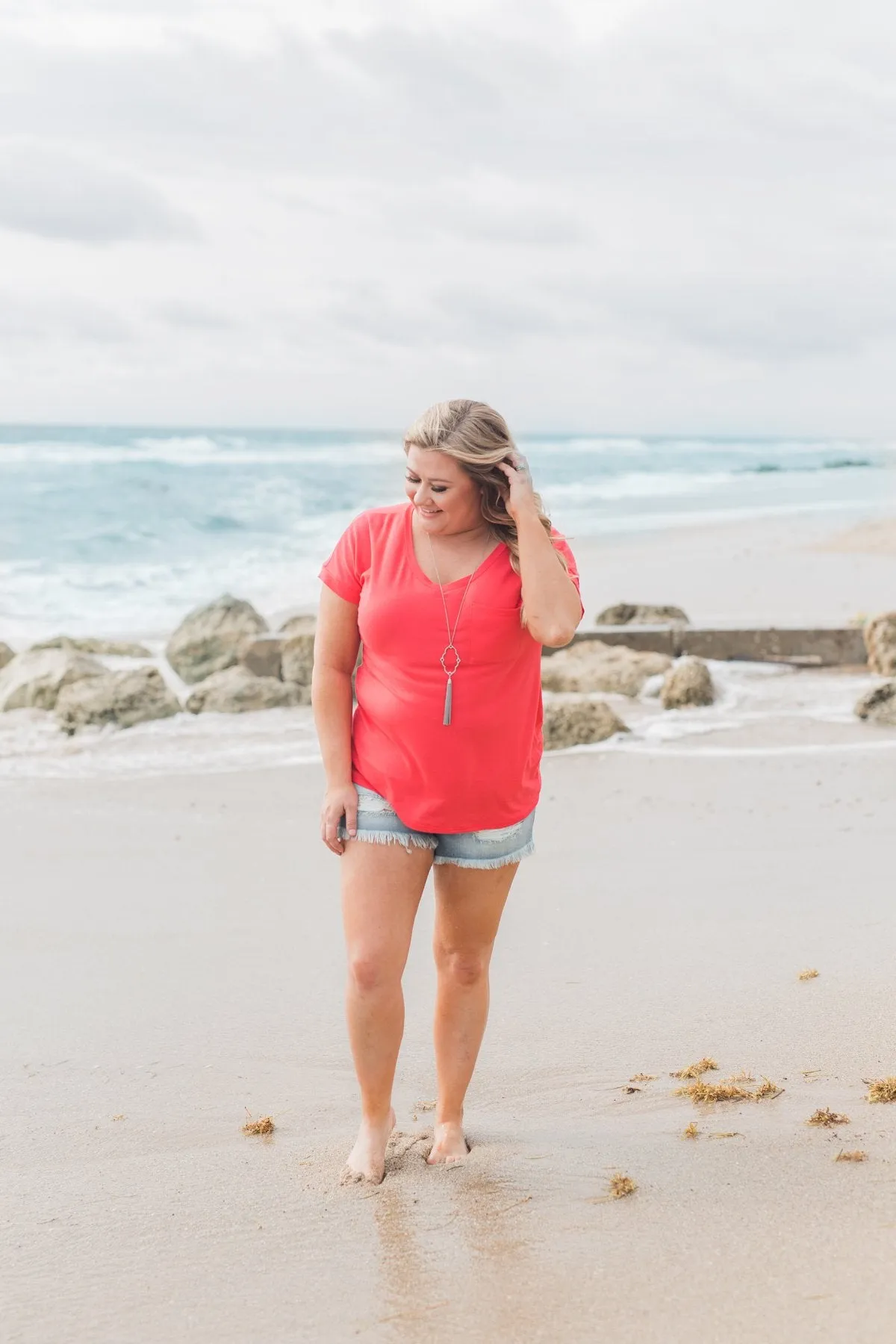 Solid V-Neck Pocket Top- Strawberry Pink