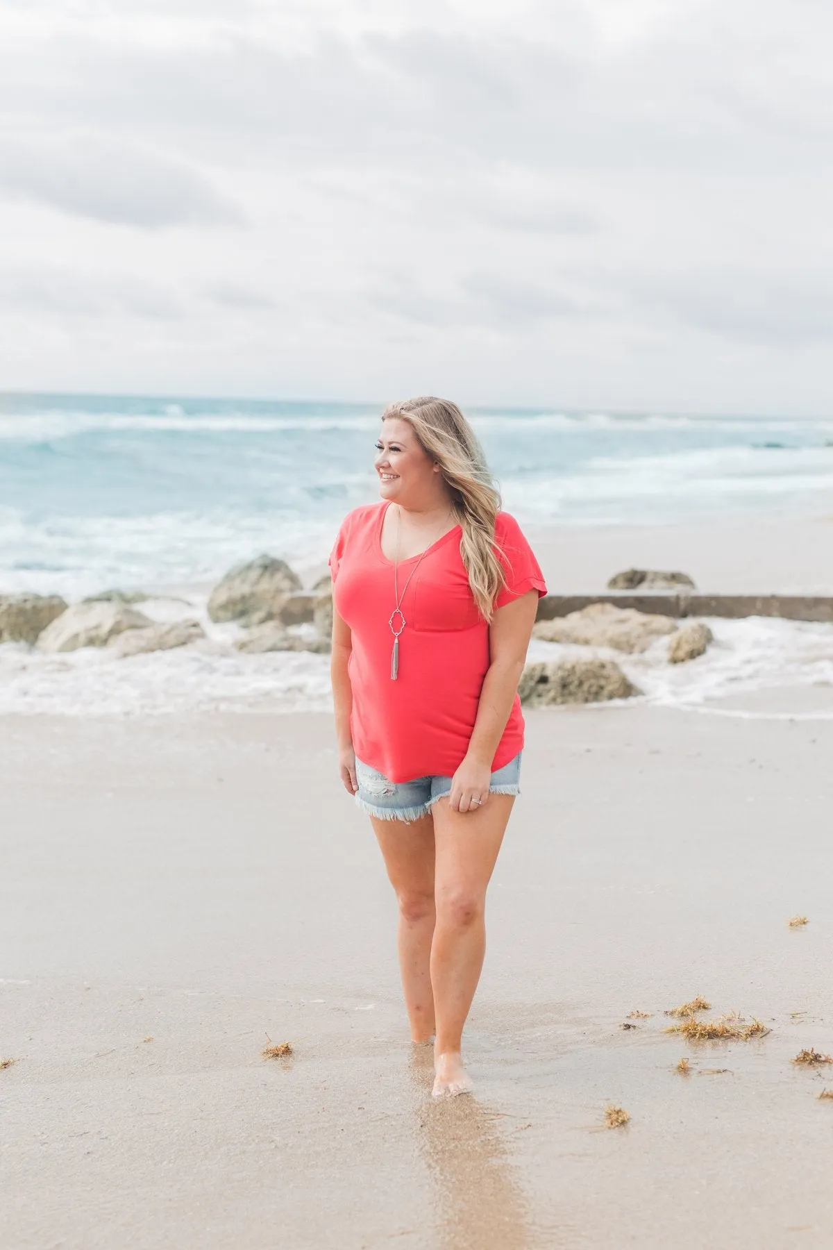 Solid V-Neck Pocket Top- Strawberry Pink