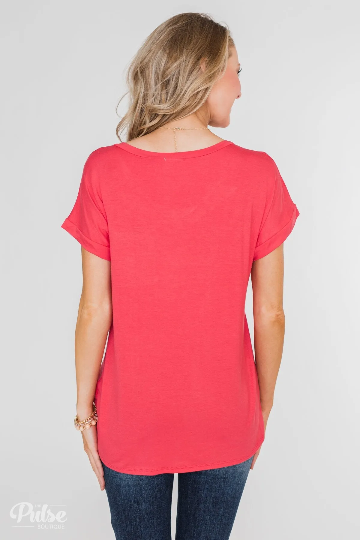 Solid V-Neck Pocket Top- Strawberry Pink