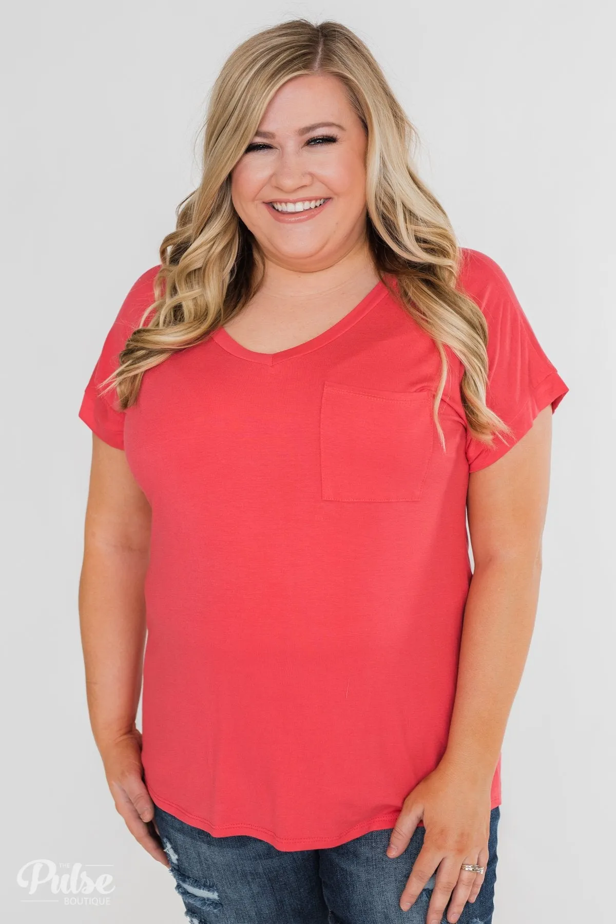Solid V-Neck Pocket Top- Strawberry Pink