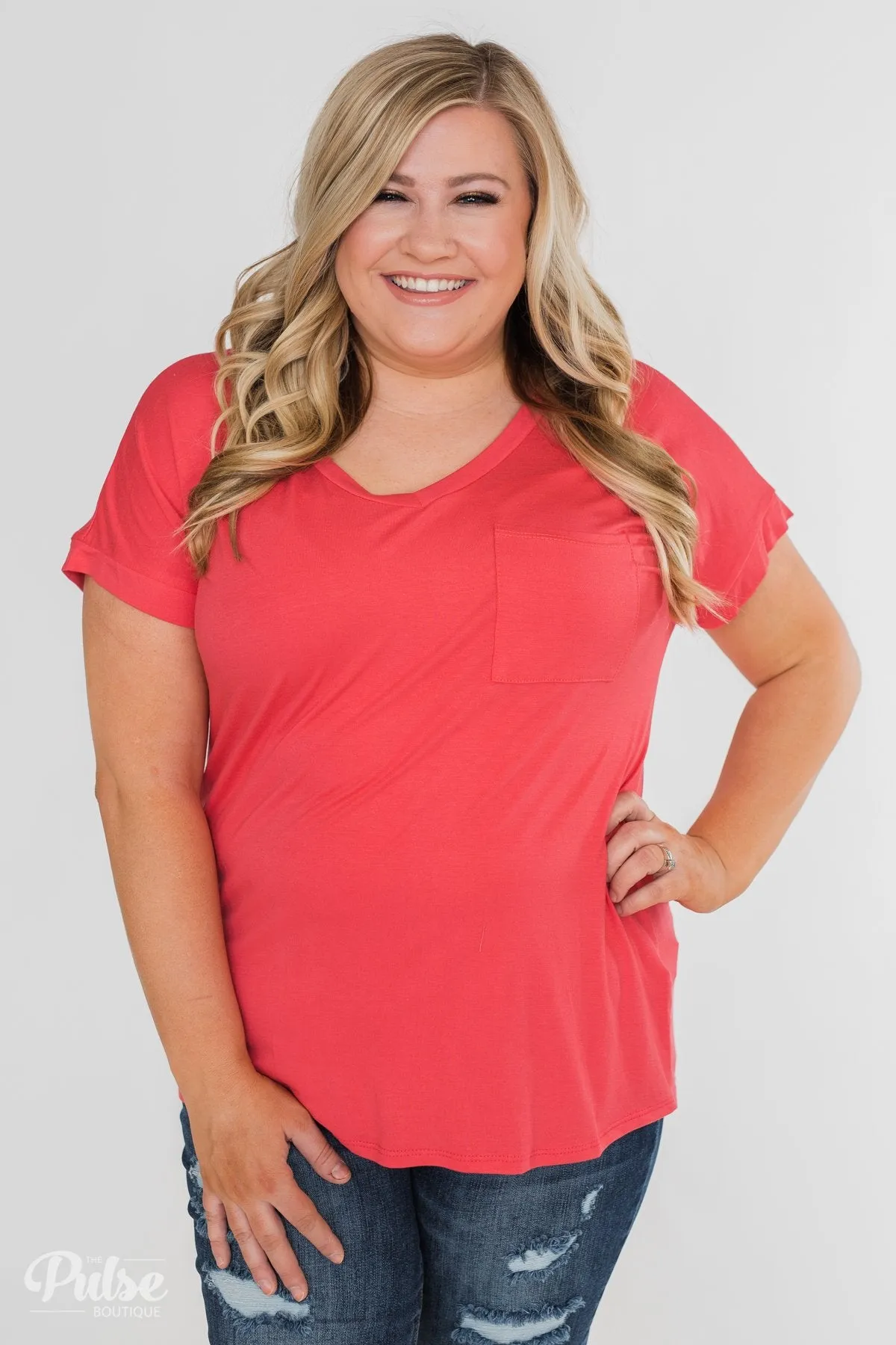 Solid V-Neck Pocket Top- Strawberry Pink