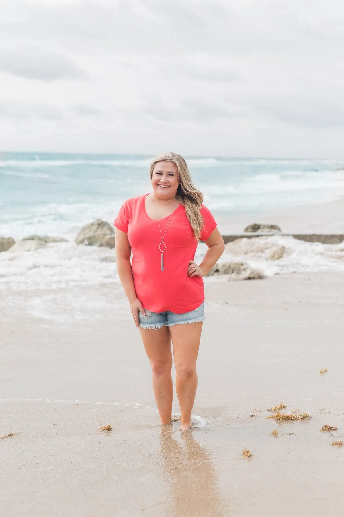 Solid V-Neck Pocket Top- Strawberry Pink
